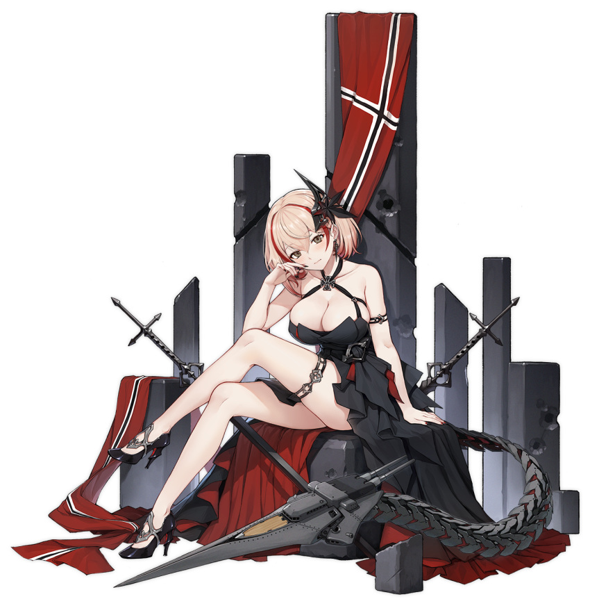 1girl :) alternative_costume arm_strap arm_support azur_lane bangs bare_shoulders black_dress black_footwear black_nails blush breasts brown_eyes cannon cleavage cross cross_earrings crossed_legs dress earrings eyebrows_visible_through_hair female flag full_body german_flag hair_ornament halter_dress hand_up head_tilt high_heels high_resolution iron_cross jewelry large_breasts leaning_forward logo looking_at_viewer multicolored_hair nail_polish official_art open_mouth pumps redhead rigging roon_(azur_lane) roon_(dark_red_grin)_(azur_lane) shoes sidelocks skindentation smile solo stiletto_heels streaked_hair tachi-e tareme terras thigh_strap thighs transparent_background turret