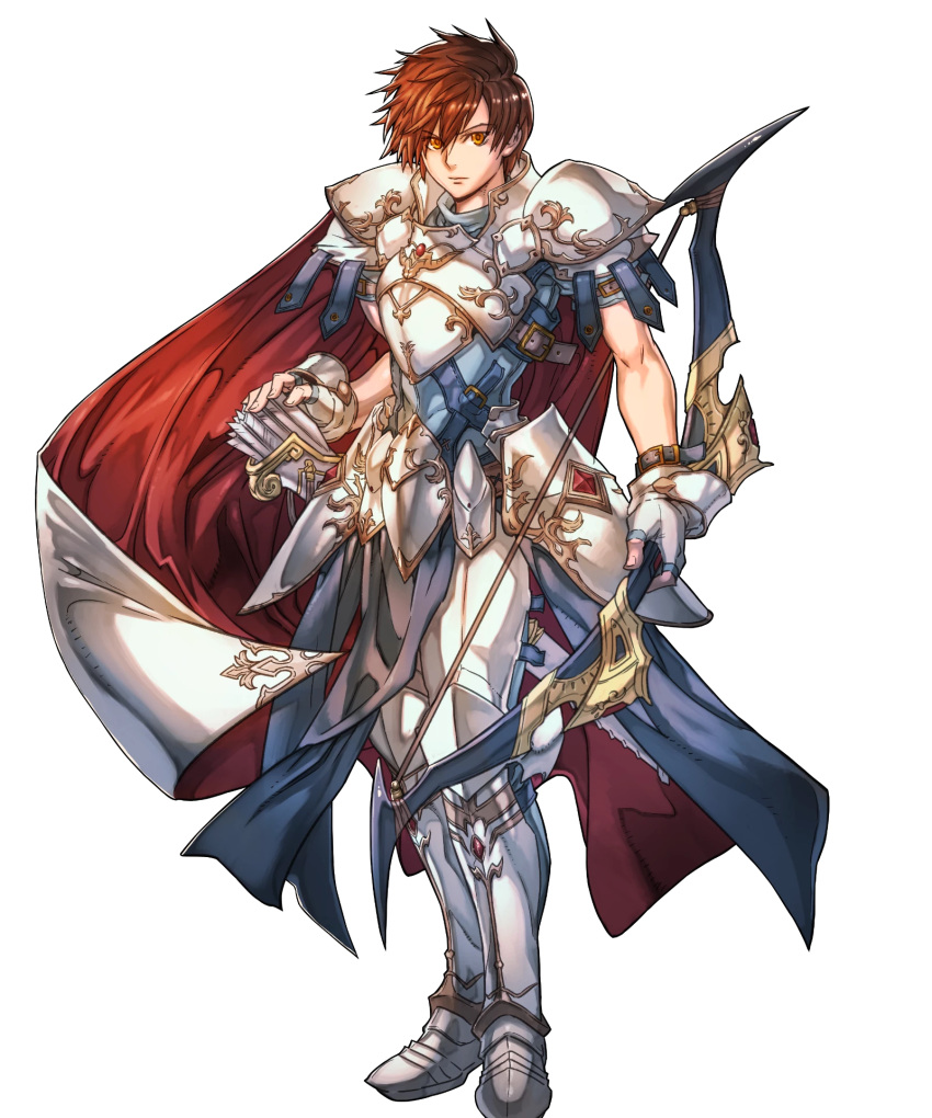 1boy alternate_costume armor armored_boots arrow boots bow_(weapon) brown_hair cape fingerless_gloves fire_emblem fire_emblem:_genealogy_of_the_holy_war fire_emblem:_thracia_776 fire_emblem_heroes full_body gloves highres hino_shinnosuke leif_(fire_emblem) male_focus official_art orange_eyes quiver solo transparent_background weapon