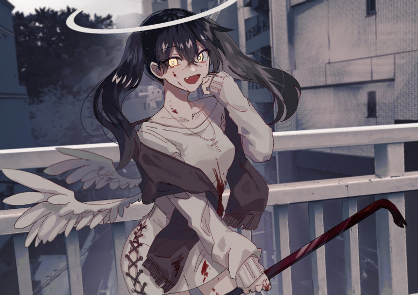 1girl :d bangs black_hair blood blood_on_face bloody_clothes bloody_hands blurry blurry_background breasts collarbone commentary_request crowbar danjou_sora depth_of_field dress eyebrows_visible_through_hair fang feathered_wings fringe_trim glowing glowing_eyes hair_between_eyes halo hand_up highres holding long_hair long_sleeves looking_at_viewer low_wings open_mouth original outdoors railing shawl sleeves_past_wrists small_breasts smile solo twintails white_dress white_wings wings yellow_eyes
