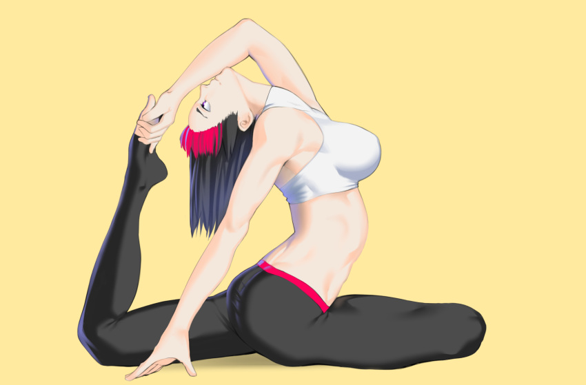 1girl arched_back arched_soles arm_support armpits ass athletic bare_shoulders barefoot black_eyes black_hair black_legwear breasts collarbone dyun exercise feet flexible from_side full_body han_juri highres holding_own_foot large_breasts looking_afar midriff multicolored_hair original pants pink_hair short_hair simple_background skin_tight solo sportswear street_fighter street_fighter_v thighs turtleneck two-tone_hair white_crop_top yellow_background yoga yoga_pants