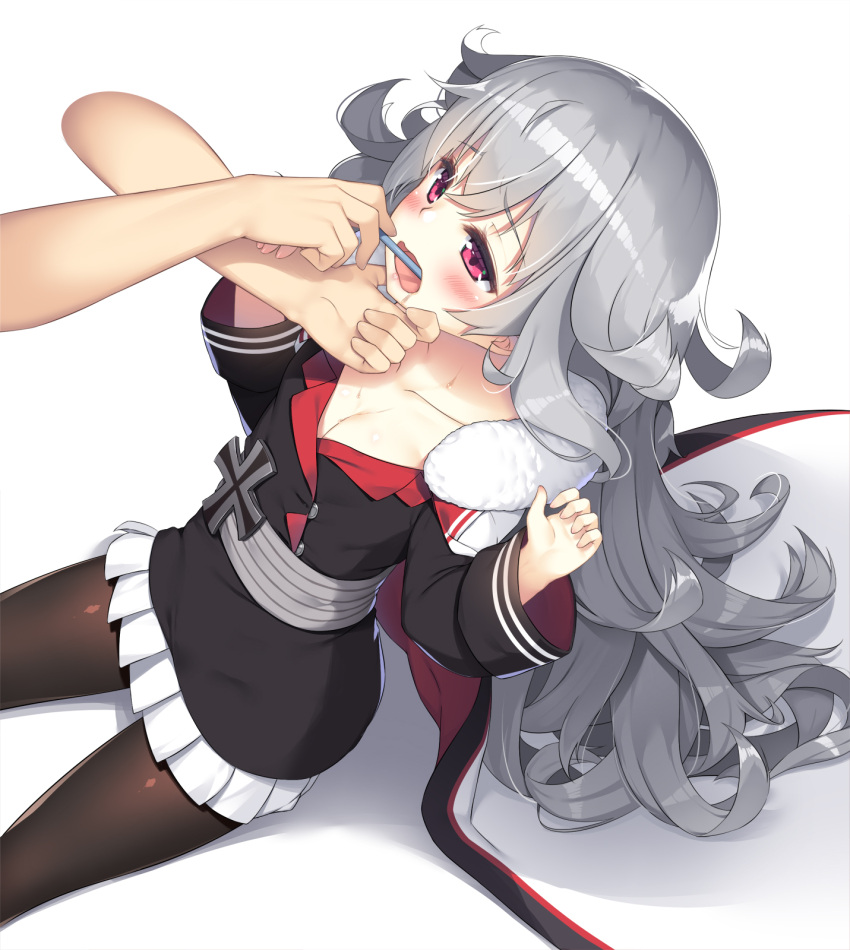 1girl azur_lane bangs black_jacket blush breasts brushing_teeth cape collarbone cross fur-trimmed_cape fur_trim graf_zeppelin_(azur_lane) hair_between_eyes highres jacket long_hair messy_hair multicolored multicolored_cape multicolored_clothes olive_(laai) open_mouth out_of_frame pantyhose pleated_skirt red_cape red_eyes shadow silver_hair simple_background skirt small_breasts solo_focus sweat toothbrush white_cape white_skirt zeppelin-chan_(azur_lane)