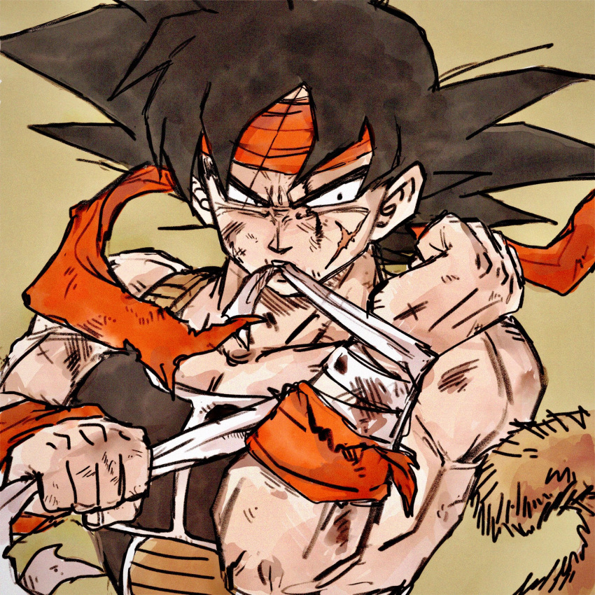 1boy armor bandaged_wrist bandages bardock biting black_eyes black_hair clenched_hands close-up collarbone commentary_request dirty dirty_face dragon_ball dragon_ball_z facial_scar fingernails frown highres injury looking_to_the_side male_focus monkey_tail muscle scar scar_on_cheek scratches sepia_background serious simple_background spiky_hair tail tkgsize torn_clothes upper_body wristband