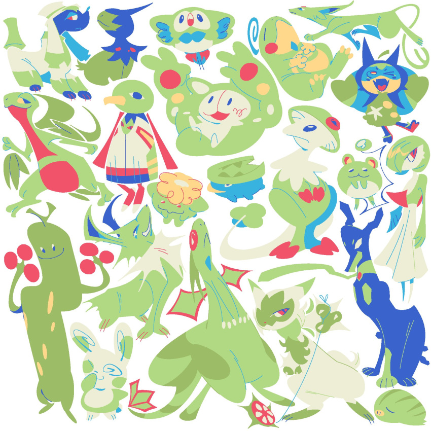 :3 @_@ alternate_color arm_up arms_up black_skin blue_skin breloom closed_eyes closed_mouth colored_sclera colored_skin commentary deino_(pokemon) dog dragon dragon_wings english_commentary espeon floragato flower flygon frog furfrou furfrou_(dandy) gardevoir green_skin green_theme grovyle hands_on_own_stomach highres jolteon leaf looking_to_the_side lotad marill no_humans no_pupils official_alternate_color one_eye_closed open_mouth pig_nose pokemon pokemon_(creature) pokemon_gsc pokemon_rgby pokemon_rse pokemon_sm pokemon_sv pokemon_xy politoed red_eyes reuniclus rowlet shiny_pokemon simple_background skiploom slit_pupils smile snorunt spinda standing standing_on_one_leg sudowoodo tongue white_background white_eyes wings xatu yellow_flower yo-yo zeeorzero