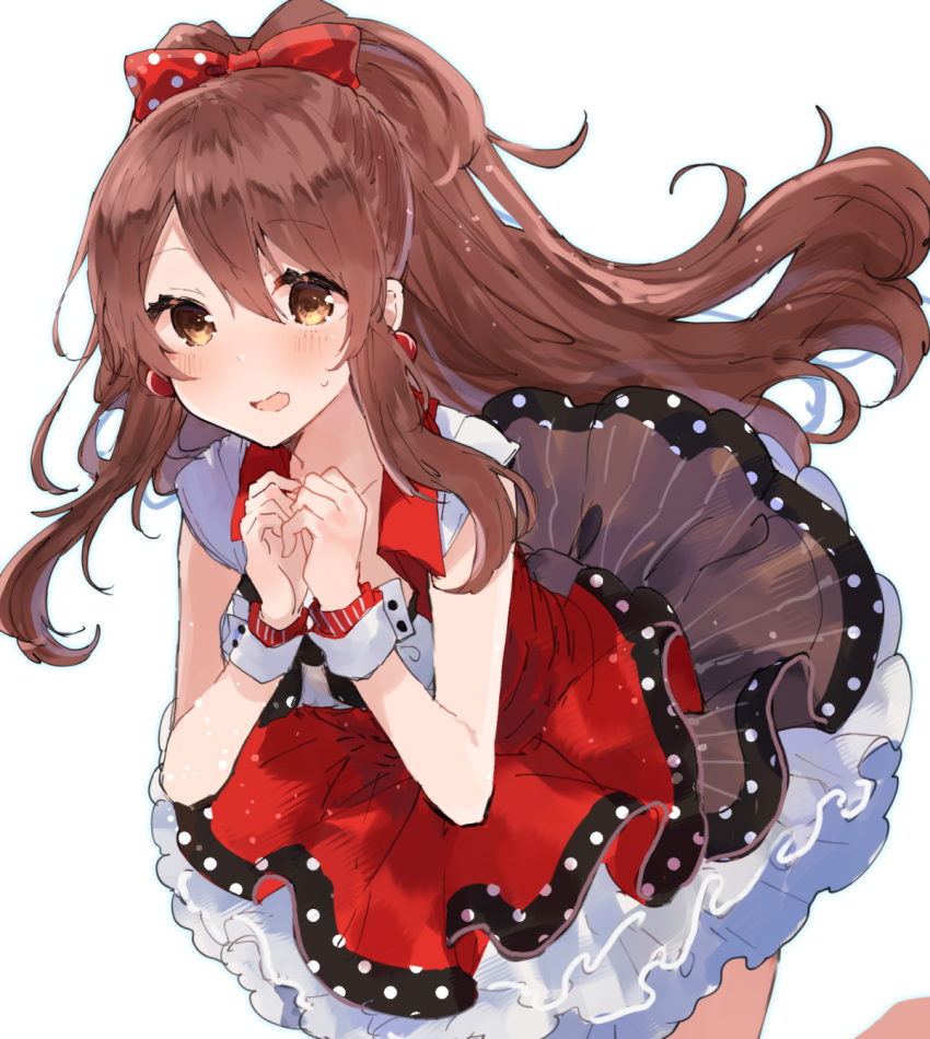 1girl bangs black_neckwear blush bow breasts brown_eyes brown_hair brown_skirt commentary_request earrings eyebrows_visible_through_hair hair_between_eyes hair_bow hands_up high_ponytail highres idolmaster idolmaster_shiny_colors ikeuchi_tanuma jewelry long_hair looking_at_viewer nervous_smile oosaki_tenka open_mouth pleated_skirt polka_dot polka_dot_bow ponytail red_bow red_skirt sidelocks simple_background skirt small_breasts solo sweat very_long_hair white_background wrist_cuffs