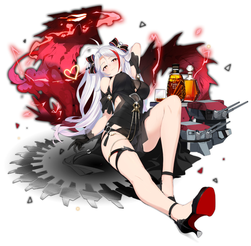 1girl alcohol alternate_costume ankle_strap antenna_hair azur_lane bangs black_bow black_dress black_footwear black_gloves blush bottle bow breasts brown_eyes cannon closed_mouth dress eyebrows_visible_through_hair gloves gold_trim hair_between_eyes hair_bow head_tilt heart high_heels large_breasts lightning long_hair looking_at_viewer mole mole_on_breast multicolored_hair official_art prinz_eugen_(azur_lane) prinz_eugen_(cordial_cornflower)_(azur_lane) realmbw reclining red_hair rigging sidelocks silver_hair silver_trim smile solo streaked_hair tachi-e thighs transparent_background turret two_side_up very_long_hair