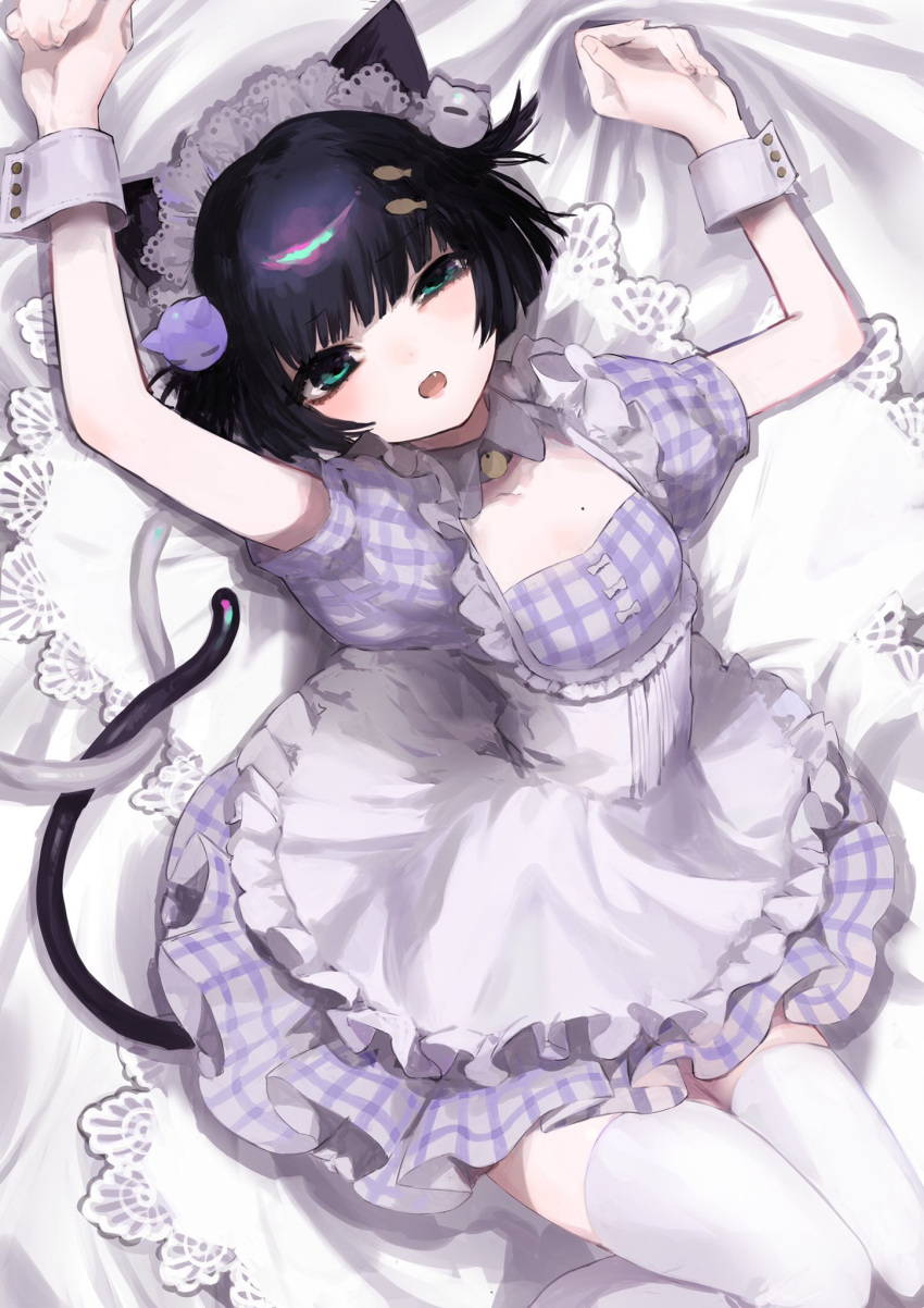 1girl animal_ears arms_up bangs black_hair blunt_bangs blush breasts cat_ears cat_tail cuffs dress fang green_eyes highres maid mole mole_on_breast mole_under_mouth open_mouth original plaid plaid_dress shiny shiny_hair short_hair shou_(hanasakukoroni) solo tail thigh-highs white_legwear