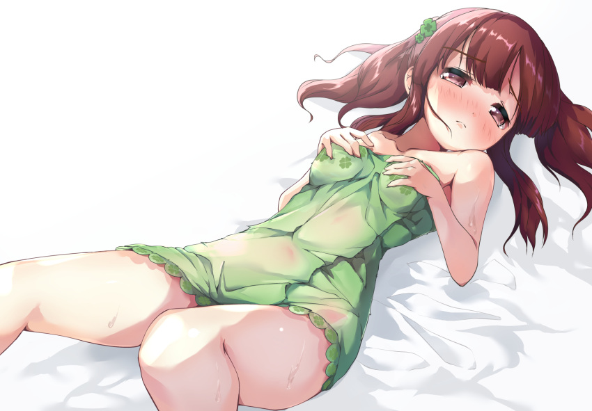 1girl bangs bare_arms bare_shoulders bed_sheet blush breasts brown_eyes brown_hair closed_mouth clover_hair_ornament collarbone commentary_request eyebrows_visible_through_hair four-leaf_clover_hair_ornament hair_ornament highres idolmaster idolmaster_cinderella_girls idolmaster_cinderella_girls_starlight_stage kuroba_aki looking_at_viewer lying medium_breasts naked_towel nose_blush ogata_chieri on_back sidelocks solo towel twintails wet white_background