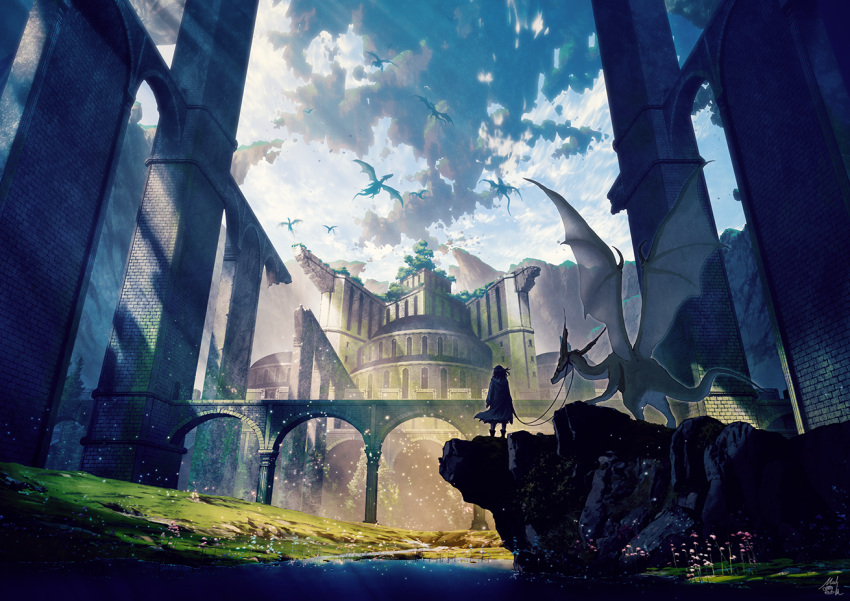 1girl arch bridge building cloak clouds cloudy_sky commentary_request creature day dragon fantasy flower grass leash light_rays looking_away megastructure mocha_(cotton) original outdoors scenery signature sky solo sunbeam sunlight very_wide_shot water