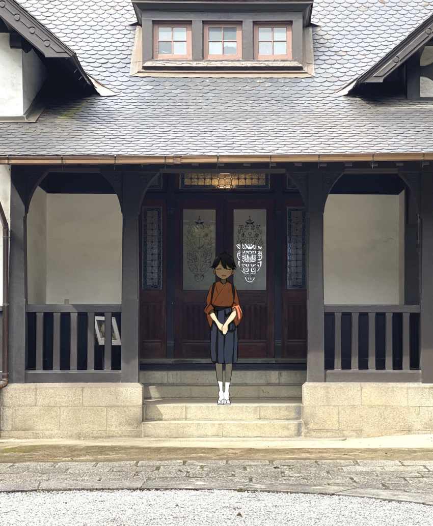 1girl black_hair black_hakama building closed_eyes commentary door facing_viewer full_body hakama highres house houshou_(kantai_collection) japanese_clothes kantai_collection kimono long_hair namakura_neo patio photo_background pink_kimono ponytail sile solo standing tasuki