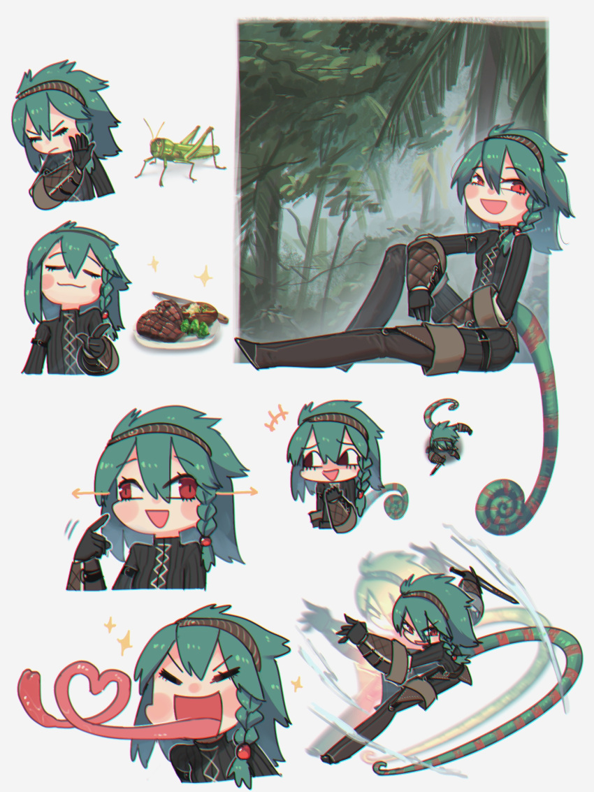 +++ 1girl :d afterimage braid bug cecile_(porforever) chameleon_tail chameleon_tongue chibi chromatic_aberration commentary dagger directional_arrow drakeposting english_commentary expressions expressive_tail food grasshopper green_hair grey_background hair_between_eyes hairband heart heart_of_string highres insect long_tail long_tongue medium_hair meme multiple_views open_mouth original pointing pointing_at_self porforever red_eyes side_braid simple_background smile steak tail tongue tongue_out very_long_tongue wall-eyed weapon