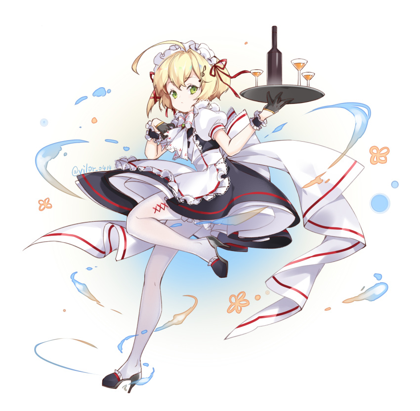 1girl ahoge alternate_costume apron azur_lane black_dress black_gloves blonde_hair bottle bow bowtie closed_mouth commentary_request cup dress drinking_glass gloves green_eyes high_heels highres holding holding_tray looking_at_viewer maid maid_apron maid_headdress pantyhose short_hair short_sleeves solo southampton_(azur_lane) tray vilor white_legwear wine_bottle wine_glass