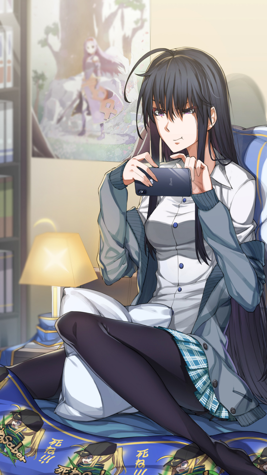 1girl absurdres ahoge aqua_skirt artoria_pendragon_(all) bed bed_sheet black_hair blurry blurry_background bookshelf cellphone character_request fate/grand_order fate_(series) grey_jacket highres indoors iphone jacket lamp long_sleeves mysterious_heroine_x nightstand pantyhose phone pillow plaid plaid_skirt poster poster_(object) sakimeikun-daze shadow shirt sitting skirt smartphone solo violet_eyes white_shirt