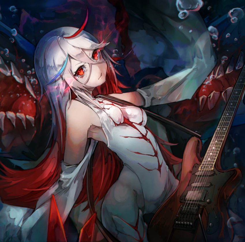 1girl abyssal_mediterranean_hime air_bubble armpits bangs breasts bubble dress dutch_angle glowing glowing_eyes guitar hair_between_eyes highres instrument kajaneko kantai_collection long_hair multicolored_hair pale_skin red_eyes redhead shinkaisei-kan sleeves_past_wrists small_breasts solo streaked_hair underwater white_hair