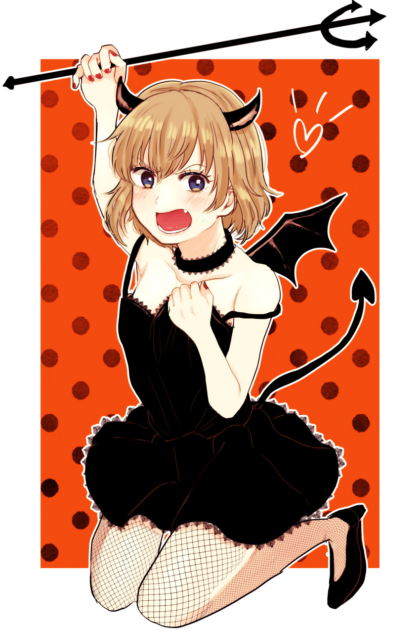 1girl absurdres angry arai_ako bangs black_choker black_dress black_footwear black_legwear blonde_hair blue_eyes blush bright_pupils choker commentary_request covering demon_horns demon_tail demon_wings dress dress_tug fang fishnet_pantyhose fishnets frown girls_und_panzer halloween_costume heart high_heels highres holding_pitchfork horns katyusha lace lace-trimmed_choker lace-trimmed_dress lace_trim looking_at_viewer open_mouth orange_background outside_border pantyhose pitchfork polka_dot polka_dot_background short_dress short_hair solo spaghetti_strap squatting strap_slip tail white_pupils wings