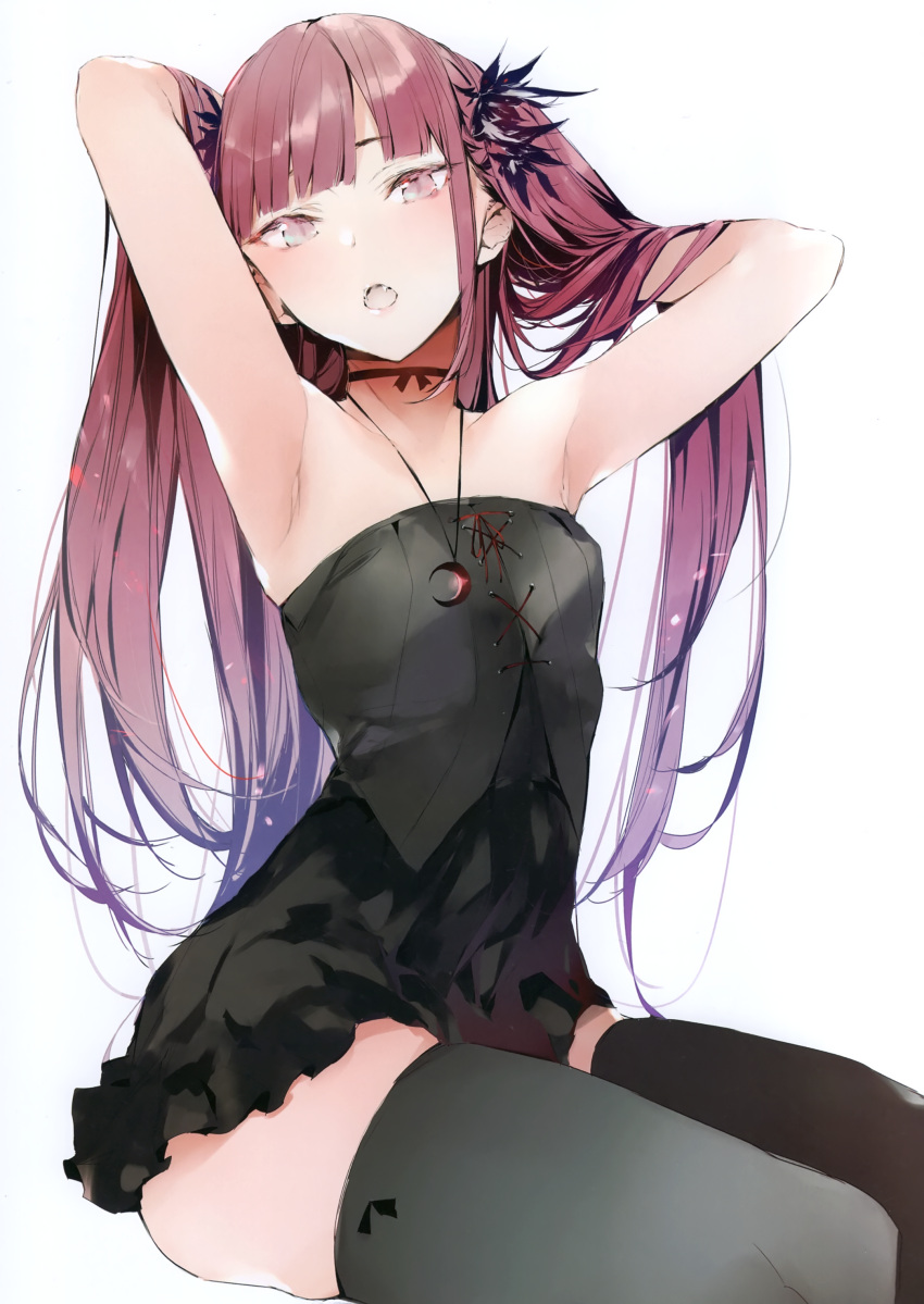 1girl absurdres armpits arms_up bangs black_dress black_legwear blunt_bangs choker dress fangs flat_chest highres jewelry long_hair looking_at_viewer necklace open_mouth original pendant pink_eyes pink_hair scan short_dress shunsei_(muratou) sitting solo strapless strapless_dress thigh-highs tsurime