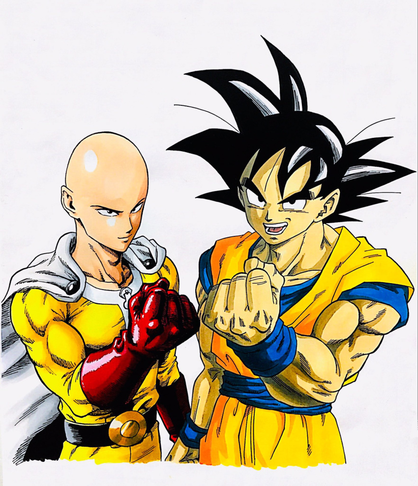 2boys bald black_eyes black_hair cape clenched_hand collarbone dougi dragon_ball dragon_ball_z gloves highres lee_(dragon_garou) male_focus marker_(medium) multiple_boys muscle one-punch_man open_mouth red_gloves saitama_(one-punch_man) smile son_gokuu traditional_media white_background wristband zipper