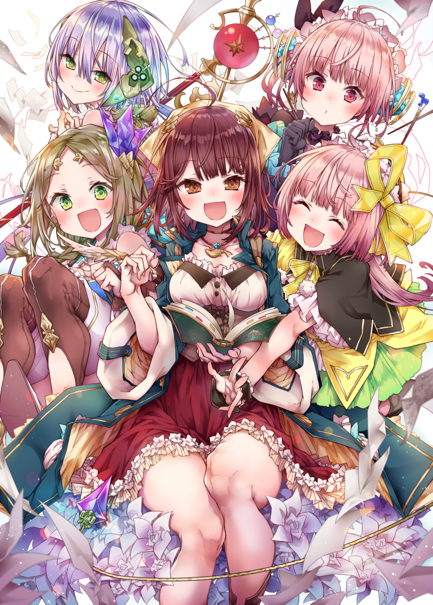 5girls :d alt atelier_(series) atelier_sophie black_gloves blue_coat blush boots bow brown_footwear brown_hair closed_eyes collared_coat firis_mistlud flower frilled_skirt frills gloves green_eyes green_skirt hair_bow headgear highres holding holding_staff long_hair lydie_marlen medium_hair medium_skirt multiple_girls open_mouth pink_eyes pink_hair plachta pleated_skirt purple_hair red_skirt redhead short_hair siblings side_ponytail sisters skirt smile sophie_neuenmuller staff suelle_marlen thigh-highs thigh_boots twins wide_sleeves yellow_bow