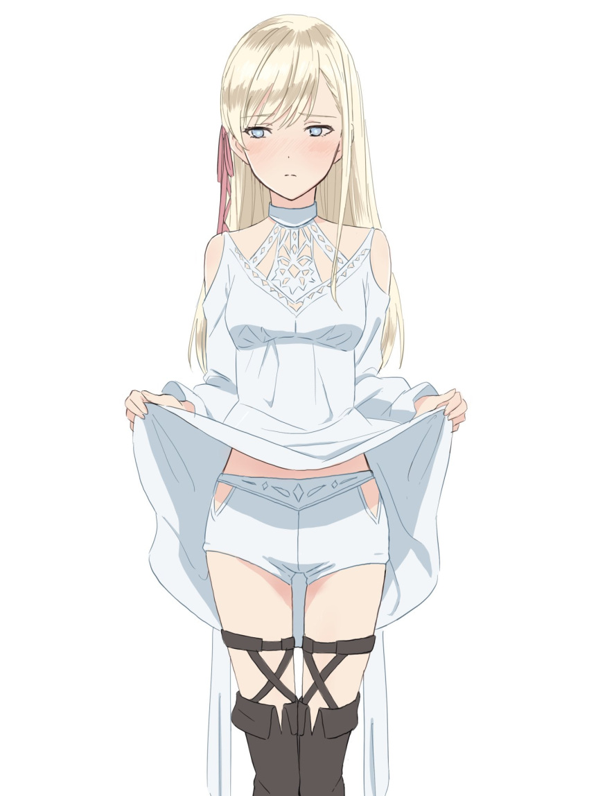 1girl breasts character_request closed_mouth commentary_request dress final_fantasy final_fantasy_xiv highres hyakuen_raitaa long_hair looking_to_the_side shorts simple_background solo white_background