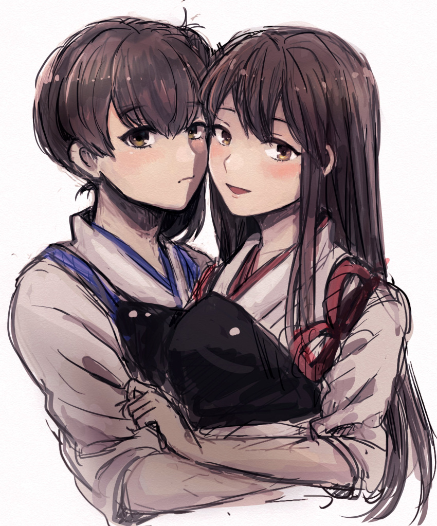 2girls absurdres akagi_(kantai_collection) brown_eyes brown_hair eyebrows_visible_through_hair hagioshi highres japanese_clothes kaga_(kantai_collection) kantai_collection long_hair looking_at_viewer multiple_girls muneate parted_lips side_ponytail simple_background sketch smile tasuki tsurime upper_body white_background