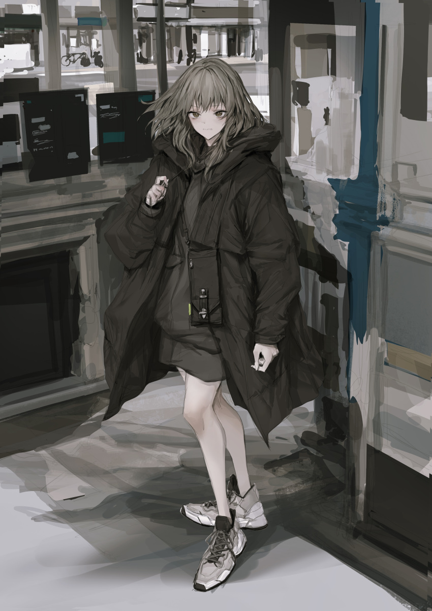 1girl absurdres bag black_eyes black_hair blurry coat depth_of_field handbag highres lavender_quartz lm7_(op-center) looking_at_viewer muted_color shoes sketch sneakers solo wavy_mouth