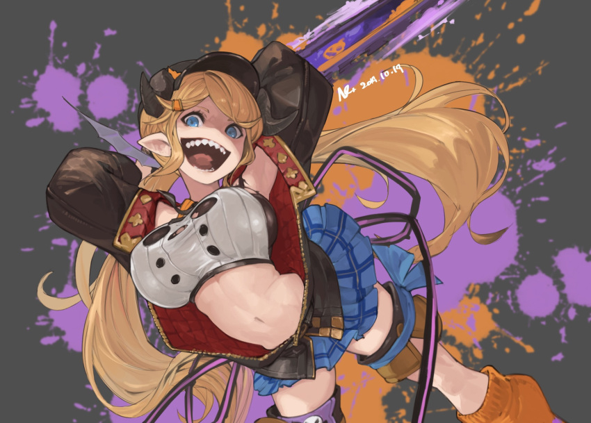 1girl blonde_hair blue_eyes breasts chainsaw cleavage_cutout draph granblue_fantasy grin hallessena kneehighs large_breasts long_hair looking_at_viewer midriff n9+ open_mouth pleated_skirt pointy_ears skirt smile solo teeth