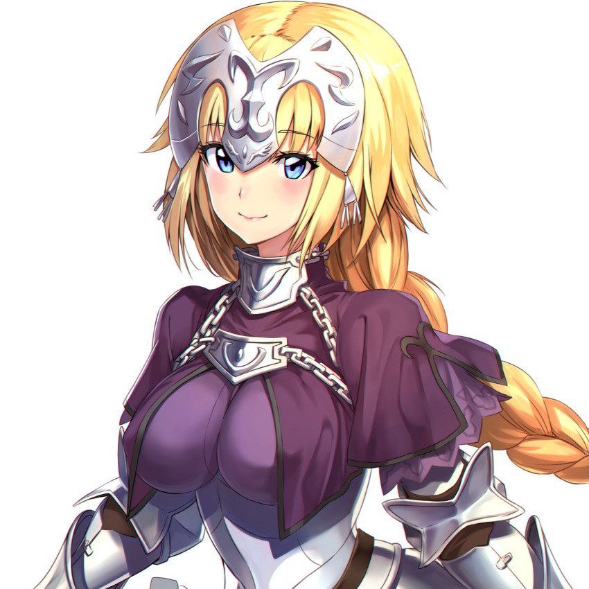 1girl armor armored_dress bangs blonde_hair blue_eyes blush braid breasts chain closed_mouth dress fate/apocrypha fate_(series) gauntlets headpiece highres jeanne_d'arc_(fate) jeanne_d'arc_(fate)_(all) large_breasts long_braid long_hair looking_at_viewer ninnin_(shishitou) plackart purple_dress simple_background single_braid smile solo very_long_hair white_background