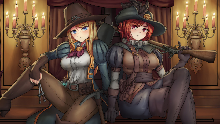 2girls belt belt_pouch black_gloves blonde_hair blue_eyes breasts brown_gloves brown_pants candle candlestand collar crossed_legs darkest_dungeon fingerless_gloves frilled_collar frills frown gloves graverobber_(darkest_dungeon) gun hat hat_feather highres ilpybot indoors knife korean_commentary long_hair long_sleeves looking_at_viewer medium_breasts multiple_girls pants pickaxe potion pouch puffy_long_sleeves puffy_sleeves redhead short_hair shovel sitting throwing_knife weapon