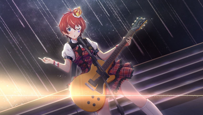 1girl antenna_hair black_neckwear blue_eyes boots bow bowtie commentary_request crown dutch_angle facial_mark guitar highres holding holding_instrument idolmaster idolmaster_million_live! idolmaster_million_live!_theater_days instrument jirion julia_(idolmaster) layered_skirt looking_at_viewer microphone microphone_stand mini_crown miniskirt music one_eye_closed plaid plaid_skirt plaid_vest playing_instrument puffy_short_sleeves puffy_sleeves redhead short_hair short_sleeves skirt solo stage star vest
