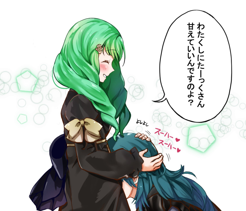 2girls blue_hair blush bow byleth_(fire_emblem) byleth_eisner_(female) closed_eyes fire_emblem fire_emblem:_three_houses flayn_(fire_emblem) from_side garreg_mach_monastery_uniform green_hair hair_ornament hand_on_another's_head highres long_hair long_sleeves multiple_girls open_mouth oroshipon_zu simple_background translation_request uniform white_background yellow_bow