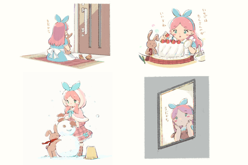 1girl :o alicia_(pop'n_music) apron back_bow baking blue_bow blue_dress blush_stickers boots boots_removed bow bowl brown_footwear brown_legwear bucket cake capelet cream door doormat doorway dress facing_away food from_outside fruit fur-trimmed_capelet fur-trimmed_hood fur_trim green_eyes hair_bow hair_over_shoulder hairband head_rest holding holding_food holding_stuffed_animal hood hood_up hooded_capelet indoors leoharju long_hair long_sleeves mittens multiple_views on_floor pantyhose pastry_bag pink_hair plaid plaid_dress pop'n_music red_scarf scarf short_sleeves simple_background sitting snow snowing snowman standing strawberry stuffed_animal stuffed_bunny stuffed_toy translated waiting whisk white_apron white_bow window winter winter_clothes