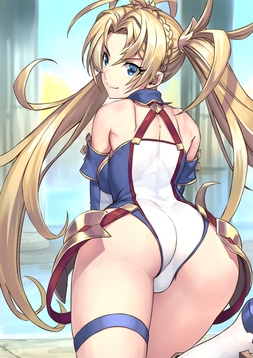 1girl ass back bangs bare_shoulders blonde_hair blue_eyes blush bradamante_(fate/grand_order) braid breasts closed_mouth commentary_request crown_braid elbow_gloves fate/grand_order fate_(series) faulds gloves highleg highleg_leotard highres leotard long_hair looking_at_viewer looking_back medium_breasts ninnin_(shishitou) smile solo thigh_strap thighs twintails very_long_hair