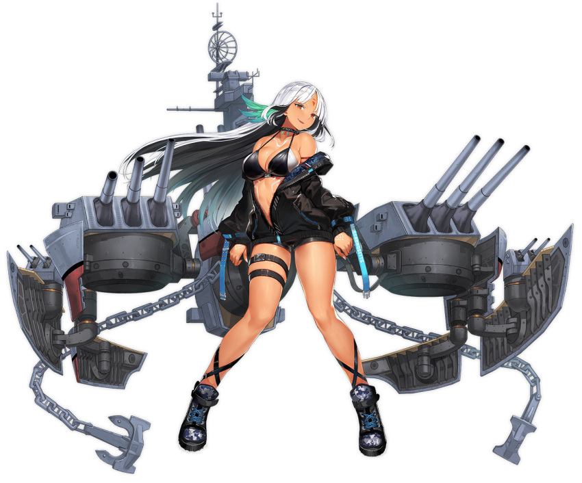 1girl anchor azur_lane belt bikini_top black_hair black_jacket breasts brown_eyes chains cleavage copyright_name enka_(bcat) fangs jacket large_breasts long_hair long_sleeves looking_at_viewer machinery massachusetts_(azur_lane) multicolored_hair native_american official_art open_clothes open_mouth silver_hair simple_background solo swimsuit swimsuit_under_clothes tan transparent_background turret unbuttoned unzipped zipper