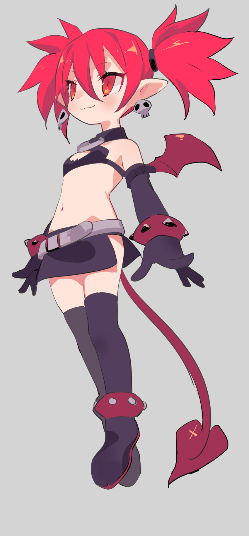 1girl absurdres back bat_wings belt black_gloves black_legwear black_skirt bustier demon_girl demon_tail demon_wings disgaea earrings elbow_gloves etna full_body gloves hibiglasses highres jewelry makai_senki_disgaea mini_wings miniskirt pointy_ears red_eyes redhead skirt skull_earrings smile solo tail thigh-highs twintails wings