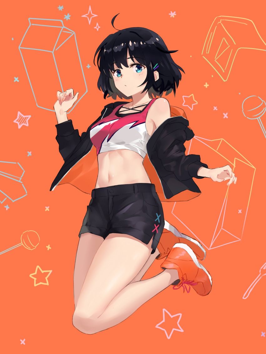 1girl ahoge bare_legs bare_shoulders black_hair black_jacket black_shorts blue_eyes breasts closed_mouth crop_top denim denim_shorts hair_ornament hairclip hand_up highres jacket legs_up long_sleeves looking_at_viewer medium_breasts midriff navel off_shoulder open_clothes open_jacket orange_background original qian_yuan shirt shoes short_hair short_shorts shorts sidelocks sleeveless sleeveless_shirt sneakers solo star stomach thighs