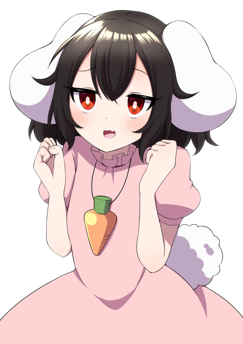 1girl animal_ears arms_up black_hair blush bright_pupils bunny_tail carrot_necklace clenched_hands commentary_request cowboy_shot dress fang hair_between_eyes highres inaba_tewi looking_at_viewer open_mouth pink_dress puffy_short_sleeves puffy_sleeves rabbit_ears red_eyes short_hair short_sleeves simple_background skin_fang solo standing tail touhou tsukimirin white_background white_pupils