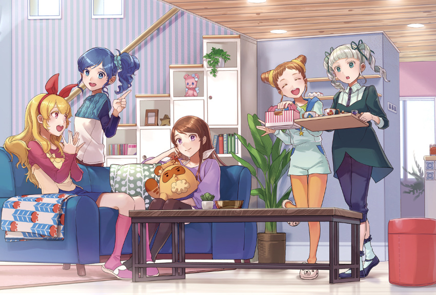 5girls :d :o ^_^ aikatsu! aikatsu!_(series) arisugawa_otome bangs bear_slippers black_pants blanket blonde_hair blue_eyes blue_hair blue_skirt blunt_bangs blush bookshelf bow bowl brown_hair brown_legwear cactus camisole camisole_over_clothes ceiling_light cherico closed_eyes coffee_table couch cup double_bun dress drill_hair facing_viewer floor green_dress hair_bow hair_ornament hair_ribbon hairband halterneck holding holding_tray hoshimiya_ichigo index_finger_raised indoors kiriya_aoi legwear_under_shorts light_switch living_room long_hair long_sleeves looking_at_another looking_at_viewer multiple_girls on_couch open_mouth orange_hair orange_legwear pants pants_under_dress pantyhose pastry_box picture_frame pink_footwear pink_legwear plant potted_plant red_eyes ribbon rug shibuki_ran shorts side_ponytail sitting skirt sleeveless_sweater slippers smile socks standing standing_on_one_leg star striped stuffed_animal stuffed_raccoon stuffed_toy swept_bangs talking teacup teddy_bear thigh_gap toudou_yurika tray twin_drills twintails vertical_stripes violet_eyes w walking wallpaper_(object) white_footwear wooden_ceiling