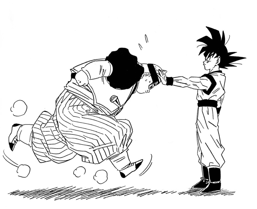 2boys android_19 baggy_pants dougi dragon_ball dragon_ball_z dust_cloud flying_sweatdrops hat highres lee_(dragon_garou) male_focus monochrome motion_lines multiple_boys muscle pants pushing_away son_gokuu sweat wristband