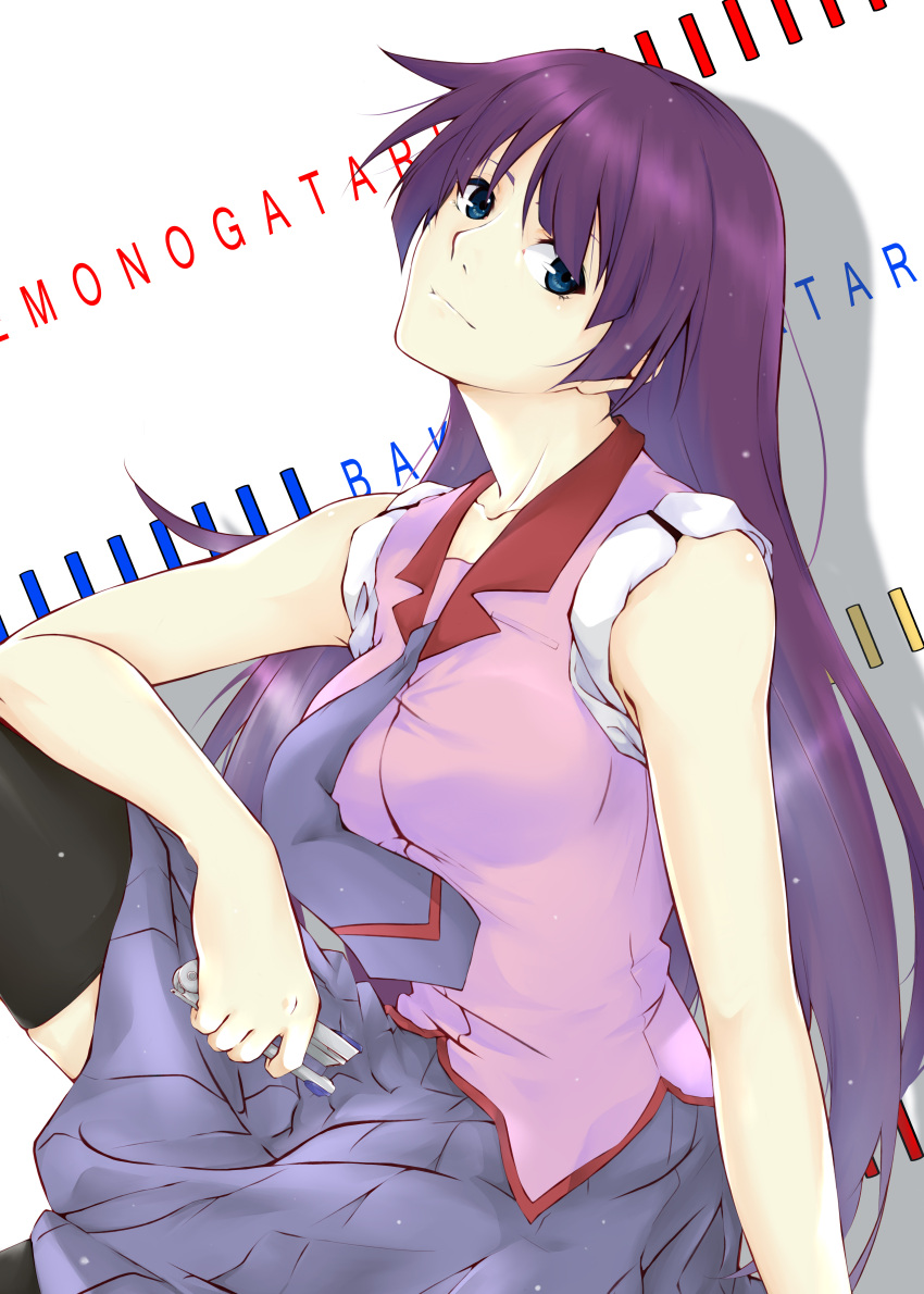 1girl absurdres arm_rest arm_support bakemonogatari bangs bare_arms black_legwear blue_eyes blue_neckwear blue_skirt breasts closed_mouth collar collarbone collared_shirt copyright_name cowboy_shot english_commentary from_side hair_between_eyes head_tilt highres holding knee_up long_hair looking_at_viewer looking_to_the_side medium_breasts monogatari_(series) necktie pink_shirt pleated_skirt purple_hair red_collar rei_kun school_uniform senjougahara_hitagi shiny shiny_hair shirt sidelocks simple_background sitting skirt sleeves_rolled_up solo stapler thigh-highs white_background