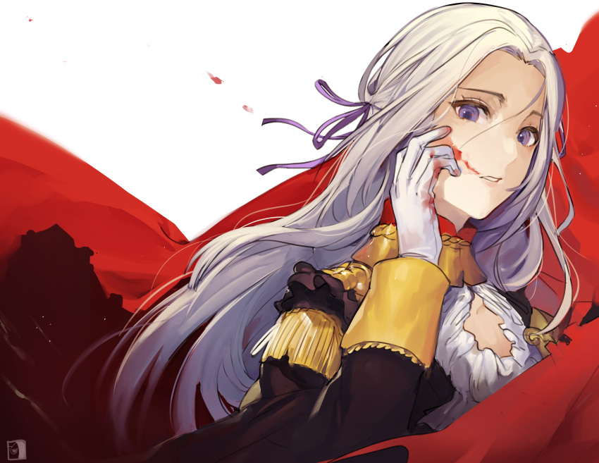 1girl blood blood_on_face cape cravat edelgard_von_hresvelg english_commentary epaulettes fire_emblem fire_emblem:_three_houses gloves high_collar highres long_hair looking_at_viewer looking_to_the_side military military_uniform parted_lips purple_ribbon red_cape ribbon silver_hair uniform velahka violet_eyes white_gloves
