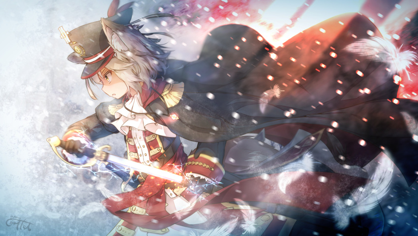 1girl :o animal_ear_fluff animal_ears bangs black_cape black_gloves black_headwear black_jacket cape commentary_request coreytaiyo dated electricity epaulettes feathers gloves grey_hair hat highres holding holding_sheath holding_sword holding_weapon jacket long_sleeves military military_hat military_uniform motion_blur original parted_lips peaked_cap sheath signature skirt sleeves_past_wrists solo sword uniform unsheathing v-shaped_eyebrows weapon white_feathers white_skirt yellow_eyes
