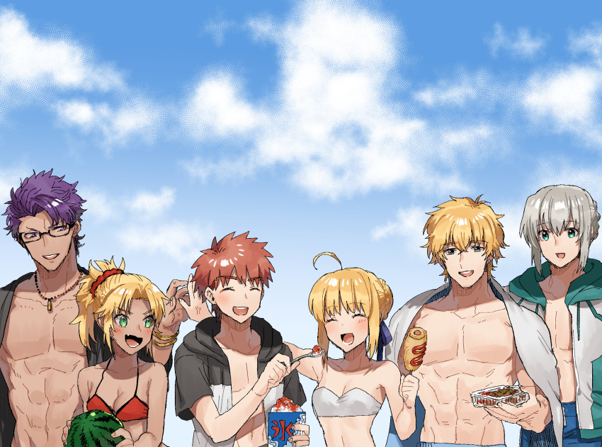1boy 4boys artoria_pendragon_(all) artoria_pendragon_(swimsuit_archer) bedivere bikini blonde_hair blue_eyes closed_eyes commentary emiya_shirou eyebrows_visible_through_hair fate/apocrypha fate/extra fate/grand_order fate/stay_night fate_(series) gareth_(fate/grand_order) gawain_(fate/extra) green_eyes grey_hair highres kmk knights_of_the_round_table_(fate) lancelot_(fate/grand_order) mordred_(fate) mordred_(fate)_(all) mordred_(swimsuit_rider)_(fate) multiple_boys prydwen purple_hair red_bikini red_scrunchie redhead scrunchie short_hair swimsuit swimsuit_of_perpetual_summer violet_eyes