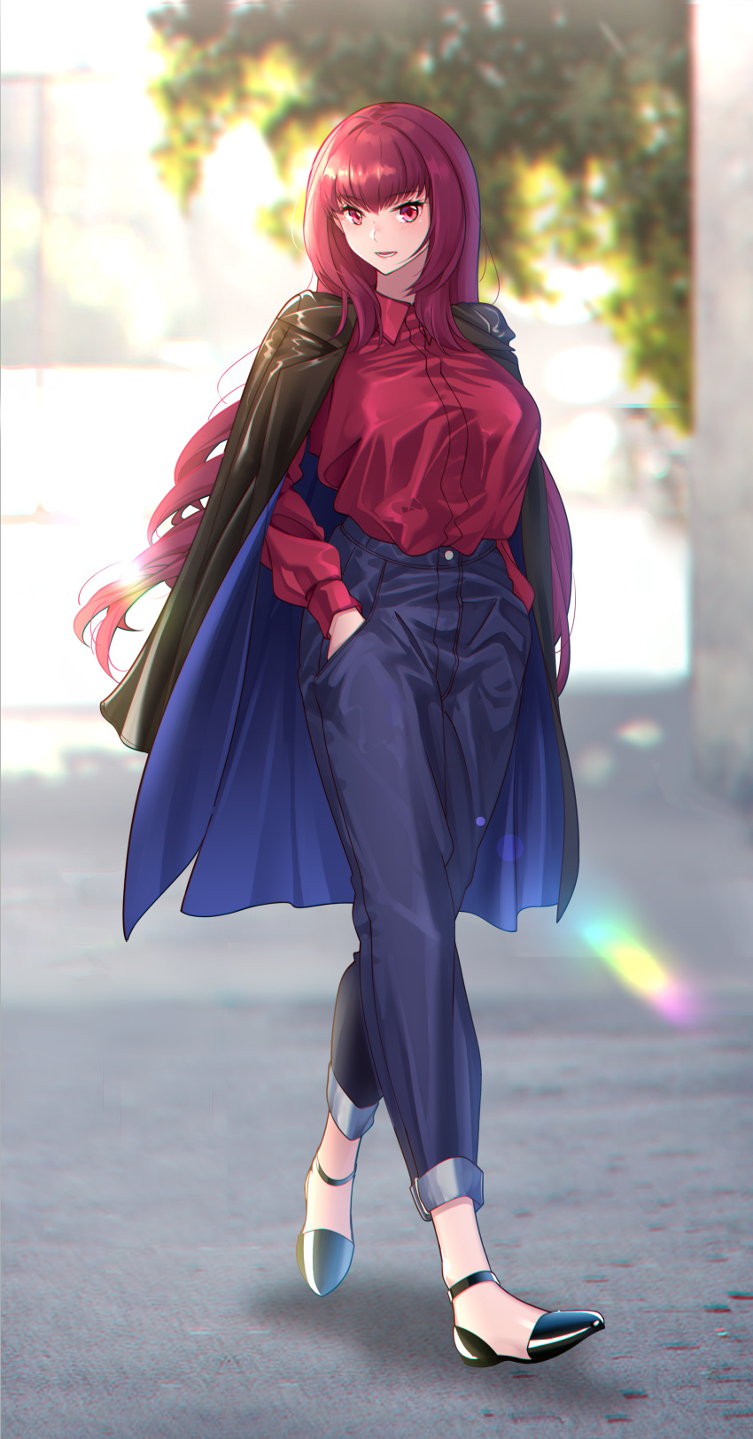 absurdres black_jacket blue_pants blue_skirt breasts fate/grand_order fate_(series) highres jacket large_breasts long_hair looking_at_viewer pants purple_hair red_eyes scathach_(fate)_(all) scathach_(fate/grand_order) shijie_jianfa shoes skirt