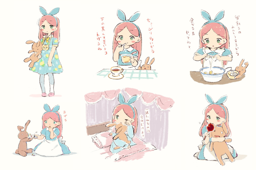 1girl ;o alicia_(pop'n_music) animal_bag apron bed biting blanket blue_bow blue_dress blush_stickers bow bowtie candy candy_apple canopy_bed clothes_grab cooking cracking_egg cup dress eating egg eggshell food food_on_face green_eyes hair_bow hairband holding holding_food holding_spoon holding_stuffed_animal leoharju long_hair looking_at_viewer looking_down multiple_views on_bed one_eye_closed pajamas pantyhose pillow pink_footwear pink_hair playing pop'n_music print_dress pudding reaching rubbing_eyes saucer shoes short_sleeves simple_background sitting spilling spoon standing strangling stuffed_animal stuffed_bunny stuffed_toy tablecloth tea teacup translated tube under_covers white_apron white_background white_legwear yellow_bow yellow_neckwear