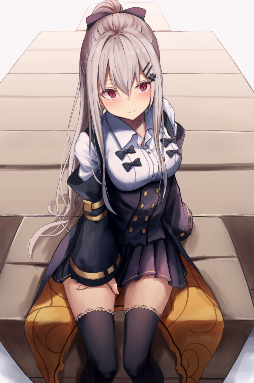 1girl black_bow black_legwear black_skirt bow box breasts buttons collared_shirt from_above girls_frontline grey_hair hair_between_eyes hair_bow hair_ornament hairclip highres iws-2000_(girls_frontline) knoy3356 lace lace-trimmed_legwear long_hair long_sleeves looking_at_viewer medium_breasts miniskirt pleated_skirt ponytail red_eyes shirt sitting skirt smile solo thigh-highs underbust very_long_hair white_shirt zettai_ryouiki