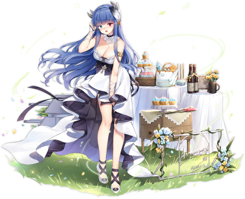 1girl alternate_costume armlet azur_lane bangs blue_eyes blue_hair blush breasts cake choker dress eyebrows_visible_through_hair feathers floating_hair food full_body gold hair_feathers hair_tucking heterochromia high_heels horns ibuki_(azur_lane) ibuki_(snow_on_the_wind)_(azur_lane) lace lace_choker large_breasts leaning_forward long_hair looking_at_viewer maya_g official_art red_eyes sapphire_(gemstone) sideboob sidelocks solo strapless strapless_dress table tachi-e transparent_background white_dress wind wrist_wrap