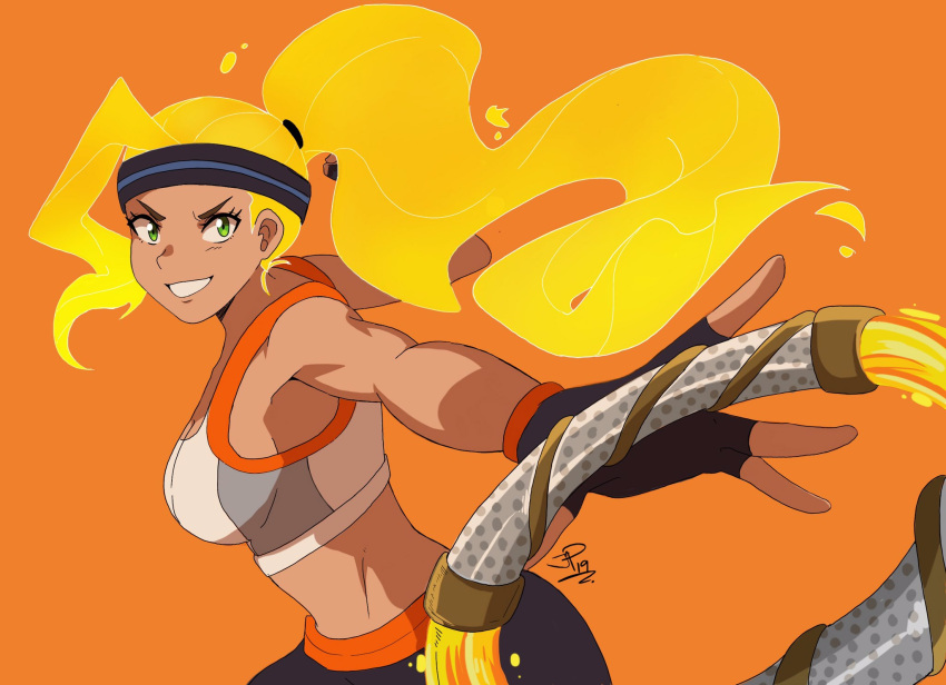 1girl black_pants blonde_hair energy_hair fingerless_gloves gloves green_eyes headband highres jacinth_peters long_hair looking_at_viewer orange_background outstretched_arms pants ponytail protagonist_(ring_fit_adventure) ring_fit_adventure signature simple_background smile solo sports_bra upper_body