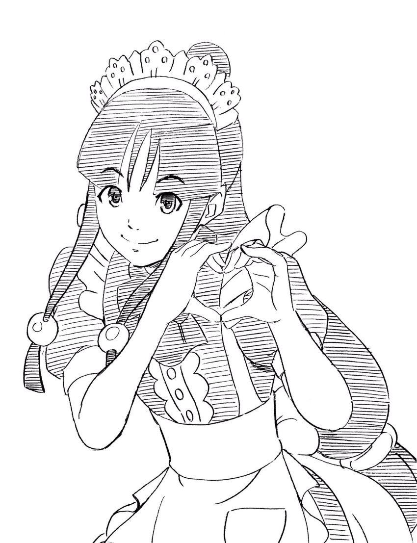 1girl alternate_costume apron ayasato_mayoi enmaided eyebrows_visible_through_hair eyes_visible_through_hair frilled_apron frills graphite_(medium) gyakuten_saiban hatching_(texture) heart heart_hands highres lee_(dragon_garou) long_hair maid maid_headdress monochrome sidelocks smile solo traditional_media upper_body very_long_hair waist_apron