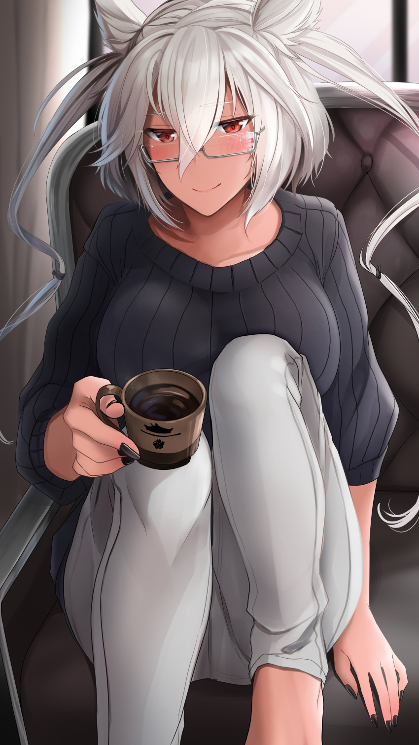 1girl absurdres alternate_costume black_sweater chair coffee coffee_mug collarbone cup dark_skin glasses hair_between_eyes highres kantai_collection long_sleeves looking_at_viewer mug musashi_(kantai_collection) pants platinum_blonde_hair red_eyes ribbed_sweater semi-rimless_eyewear short_hair silver-framed_eyewear sitting smile solo sweater twintails two_side_up under-rim_eyewear white_pants yunamaro