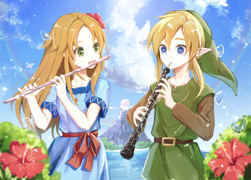 10s 1boy 1girl 90s :d bangs belt belt_buckle bird blonde_hair blue_dress blue_eyes buckle character_name clarinet clouds collarbone commentary_request cowboy_shot day dress elf flower flute green_eyes green_headwear hair_flower hair_ornament hibiscus highres human hylian instrument jewelry link long_hair long_sleeves marin_(the_legend_of_zelda) mountain music necklace nintendo nintendo_ead ocean open_mouth orange_hair outdoors parted_bangs pendant playing_instrument pointy_ears red_flower red_ribbon ribbon seagull short_sleeves sidelocks smile tete_tuyuten the_legend_of_zelda the_legend_of_zelda:_link's_awakening tunic water water_drop windfish's_egg