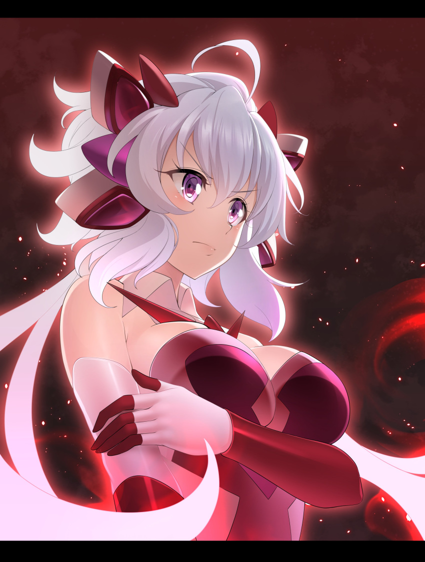 1girl absurdres ahoge bare_shoulders breast_hold breasts collar commentary_request embers frown gloves gradient_hair headgear highres large_breasts letterboxed multicolored_hair nyanmaru senki_zesshou_symphogear senki_zesshou_symphogear_xv silver_hair solo violet_eyes yukine_chris